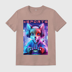 Футболка хлопковая мужская Funny fox - e sports ai art, цвет: пыльно-розовый