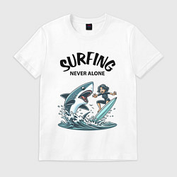 Футболка хлопковая мужская Surfing never alone - shark and girl, цвет: белый