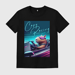 Футболка хлопковая мужская Капибара гонщик - нейросеть, цвет: черный