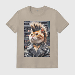 Футболка хлопковая мужская Прикольный котик панк - нейросеть, цвет: миндальный
