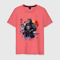 Футболка хлопковая мужская Cat samurai - bushido ai art, цвет: коралловый