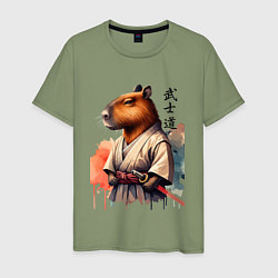 Футболка хлопковая мужская Capybara samurai - ai art fantasy, цвет: авокадо