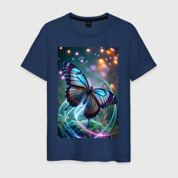 Футболка хлопковая мужская Порхающая бабочка в неоновых линиях, цвет: тёмно-синий