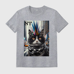 Футболка хлопковая мужская Кот панк с разноцветным хаером - Нью-Йорк, цвет: меланж