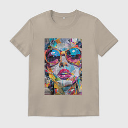 Футболка хлопковая мужская Лицо девушки из обрезков газет, цвет: миндальный