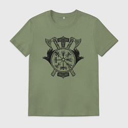 Футболка хлопковая мужская Боевые вороны и топоры с символом вегвизир на щите, цвет: авокадо