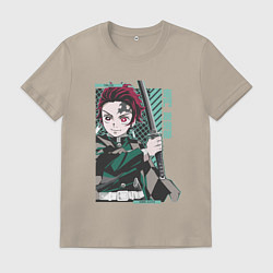 Футболка хлопковая мужская Клинок рассекающий демонов Тандзиро зеленый, цвет: миндальный