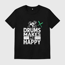 Футболка хлопковая мужская Барабаны делают меня счастливее, цвет: черный
