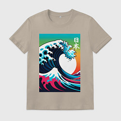 Футболка хлопковая мужская Japanese wave - ai art, цвет: миндальный