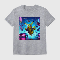 Мужская футболка Киберпанк Пикачу - неоновая погоня с роботами - Pi
