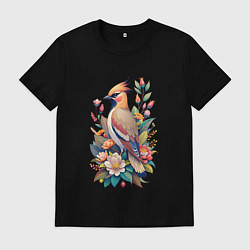 Футболка хлопковая мужская Свиристель среди цветов, цвет: черный