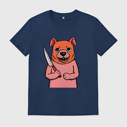 Футболка хлопковая мужская Бульдог с красной мордой и ножом, цвет: тёмно-синий