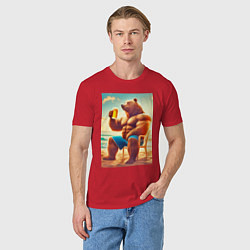 Футболка хлопковая мужская Bear bodybuilder with a cup of beer on a beach - a, цвет: красный — фото 2