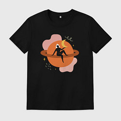 Футболка хлопковая мужская Девушка на сатурне, цвет: черный