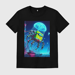 Футболка хлопковая мужская Краб Губка Боб в мегаполисе - киберпанк, цвет: черный