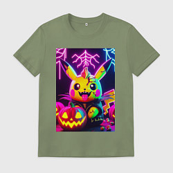 Футболка хлопковая мужская Зомби Пикачу с тыквой - неоновое свечение, цвет: авокадо