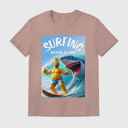 Мужская футболка Homer Simpson and shark - surfing never alone