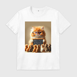 Футболка хлопковая мужская Рыжий кот учитель английского языка - нейроарт, цвет: белый