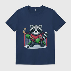 Футболка хлопковая мужская Енот хоккеист вратарь, цвет: тёмно-синий