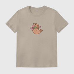 Футболка хлопковая мужская Милая капибара с цветами, цвет: миндальный