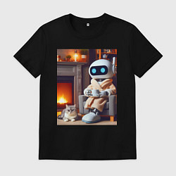Футболка хлопковая мужская Робот у камина с котом и чашкой кофе - нейроарт, цвет: черный