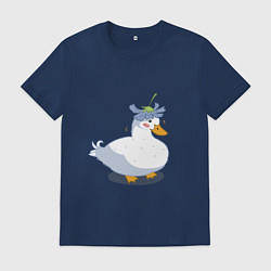 Футболка хлопковая мужская Милая уточка гусь с цветочком на голове, цвет: тёмно-синий
