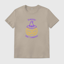 Футболка хлопковая мужская Неоновая тыква в шляпе ведьмы, цвет: миндальный