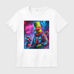 Футболка хлопковая мужская Барт Симпсон с котом роботом - нейроарт, цвет: белый