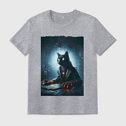 Футболка хлопковая мужская Кибер кот за компьютером - неоновое свечение, цвет: меланж