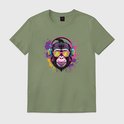Футболка хлопковая мужская Обезьяна в очках слушает музыку, цвет: авокадо