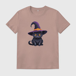 Футболка хлопковая мужская Черный кот в шляпе, цвет: пыльно-розовый
