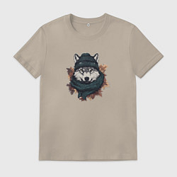 Футболка хлопковая мужская Волк в шапке, цвет: миндальный