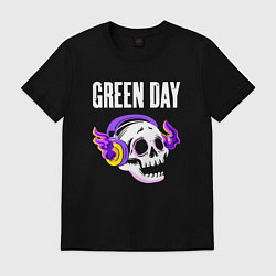 Футболка хлопковая мужская Green Day - неоновый череп, цвет: черный