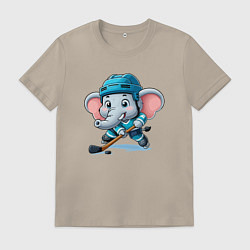 Футболка хлопковая мужская Слонёнок хоккейный форвард - нейроарт, цвет: миндальный