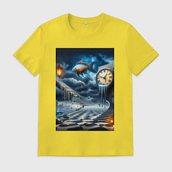 Футболка хлопковая мужская Психоделический пейзаж с часами и рыбой, цвет: желтый