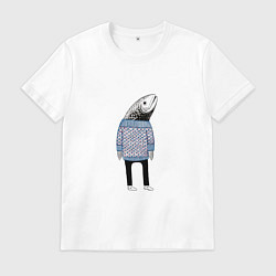 Футболка хлопковая мужская Рыба в свитере - нейросеть, цвет: белый