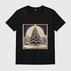 Футболка хлопковая мужская Марка с наряженной елкой - нейросеть, цвет: черный