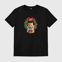 Футболка хлопковая мужская Новогодний котик с рождественским венком, цвет: черный