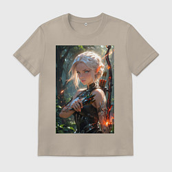 Футболка хлопковая мужская Девушка-эльф с магическим луком, цвет: миндальный