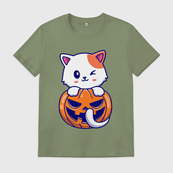 Футболка хлопковая мужская Halloween meow, цвет: авокадо