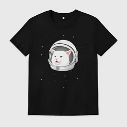 Футболка хлопковая мужская Кот-мем в скафандре, цвет: черный
