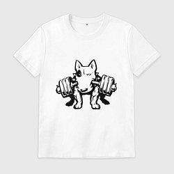 Футболка хлопковая мужская Бультерьер с гантелей, цвет: белый
