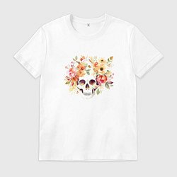 Футболка хлопковая мужская Акварельный череп с цветами, цвет: белый