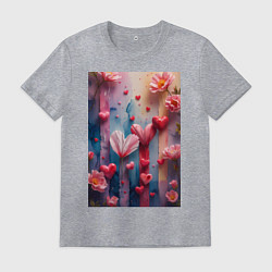 Футболка хлопковая мужская Композиция из цветов и сердечек, цвет: меланж