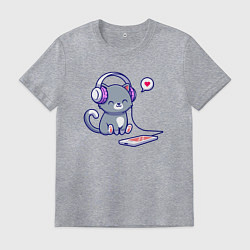 Футболка хлопковая мужская Котёнок меломан, цвет: меланж