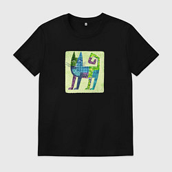 Футболка хлопковая мужская Декоративный кот в орнаментах на желтом, цвет: черный