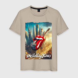 Футболка хлопковая мужская Rolling Stones - logo-guitar, цвет: миндальный