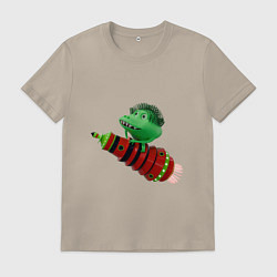 Футболка хлопковая мужская Зеленый монстр на красной ракете, цвет: миндальный