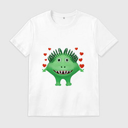 Футболка хлопковая мужская Влюбленный мультяшный зеленый монстр, цвет: белый