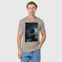 Футболка хлопковая мужская Пиратский корабль в шторм, цвет: миндальный — фото 2